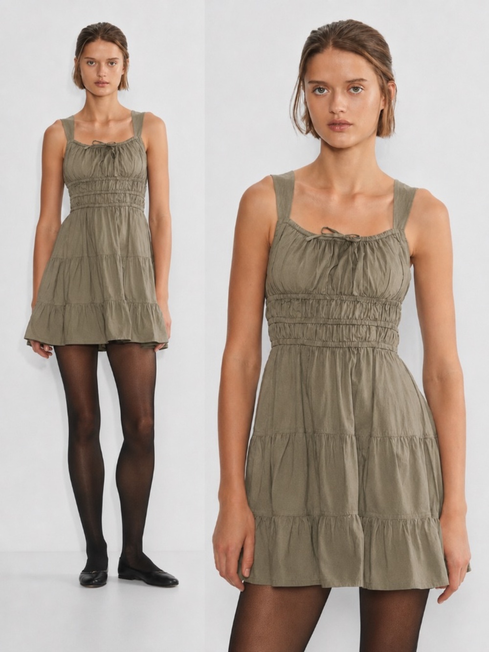 Aritzia Sunday Best Cotton Martine Dress Tiered Mini Sage Green Size Large